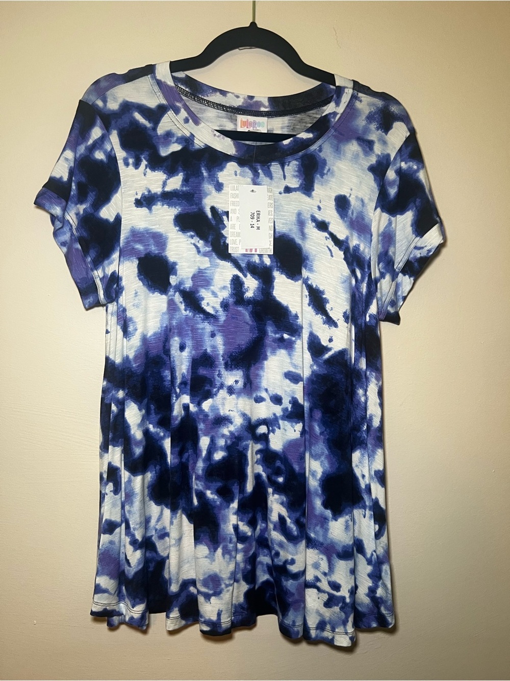 LuLaRoe Erika Short Sleeve Tie-Dye Tee in Navy and White